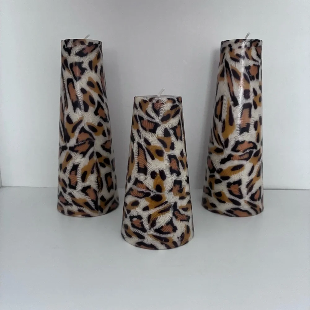3 UNSCENTED Animal Print Candles Leopard Print: cone shape